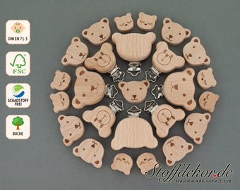 Bear wooden clip, baby clip, motif beads, shaped beads, pacifier clip, threading beads, pacifier chain clip, craft beads, pendant clip, wooden beads