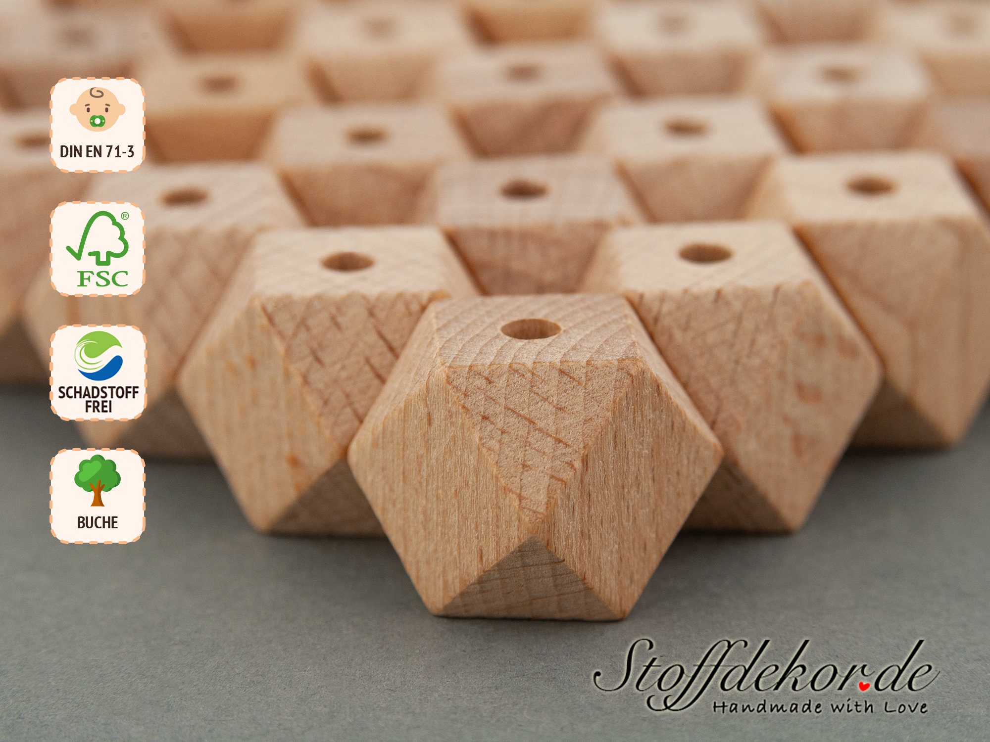 100 Perline In Legno Geometriche Sfaccettate | 1,9 Cm Forma Esagonale | Foro 3,5 Mm Con 2 Iuta | Per Gioielli Fai Da Te