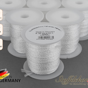 May include: White polypropylene cord, 1.20 mm thick and 100 meters long. The cord is made in Germany and is certified Oeko-Tex Standard 100, meaning it is free of harmful substances. The label also states that the cord is free of harmful substances.
