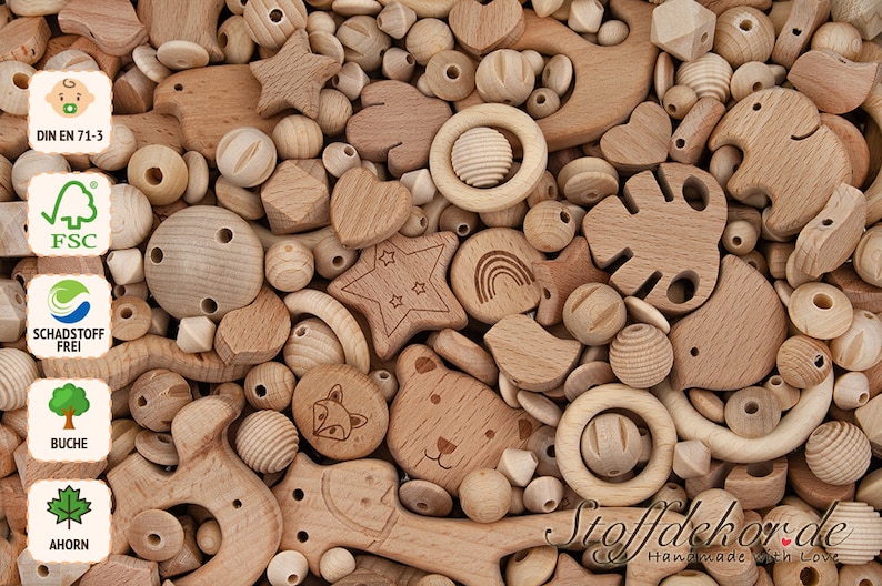 May include: A large assortment of natural wood beads and shapes, including stars, hearts, circles, and animal figures. The beads are perfect for crafting necklaces, bracelets, and other jewelry.
