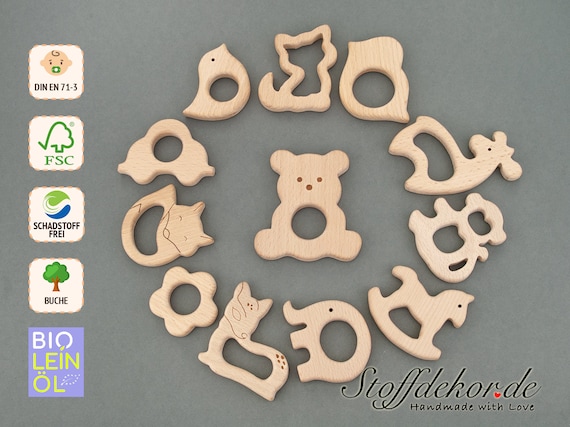 Holzanhänger Buchenholz Bio Leinöl Holztiere Greifling  Anhänger Holz Baby Spielzeug Buche Greifring Holzspielzeug Bastelbedarf Naturholz