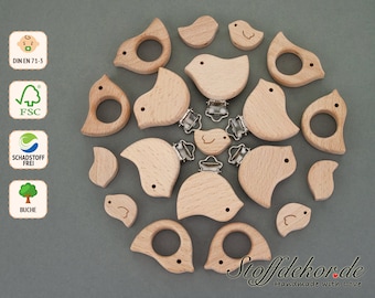 Bird wooden clip, baby clip, motif bead, shaped beads, pacifier clip, threading beads, pacifier chain clip, pendant clip, wooden beads, craft beads