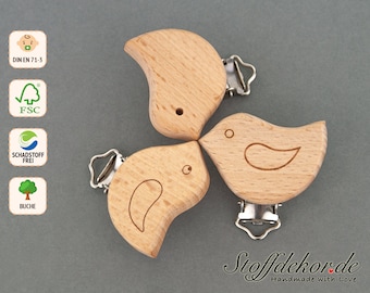 Wooden clip with bird engraving, baby clip, pacifier clip, laser-engraved pacifier chain clip, pendant clip, stroller clip, pacifier chain, play chain