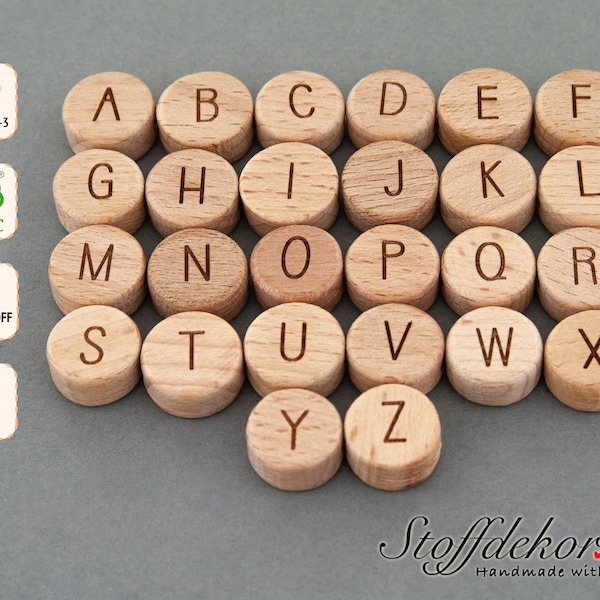 Letter beads 15 mm letter discs alphabet beads A-Z letters name beads ABC craft beads wooden alphabet wooden letter beads