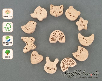 Motif beads Shape beads Threading beads Wooden beads Baby beads Craft beads with double-sided laser engraving Baby chains Pacifier chains Carriage chains
