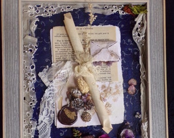 Decoration collage painting, enframed shabby romantic with perls, silk, dolls and cameo