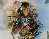 Flower harp necklace, feminine swan jewellery, ornated and beaded, jewellery for her, hortensia silk petals, crystal, laces