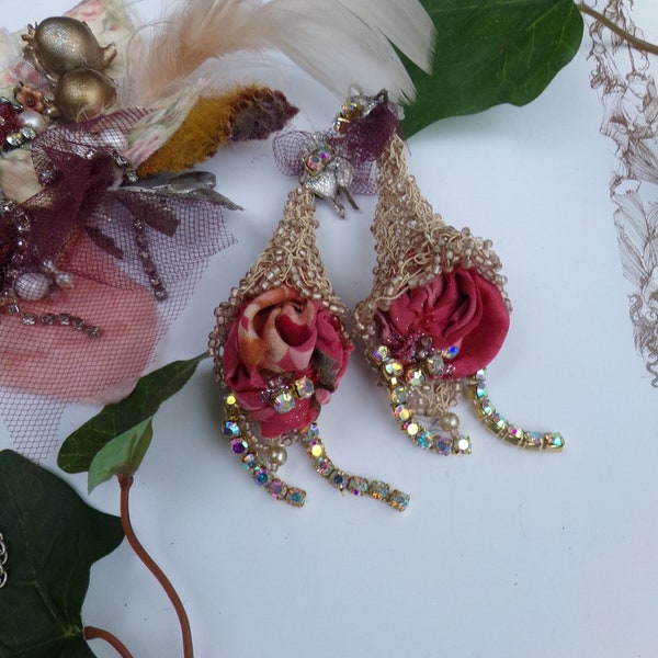 boho romantic "Victorian" fairy hand beaded silk earrings, embroidered, rhinestones, delicate unique ooak, fairytale
