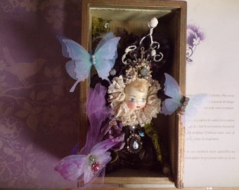 Decoration collage painting, enframed shabby romantic with perls, silk, dolls and cameo