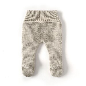 May include: Beige knit footed trousers featuring a garter stitch texture throughout the legs and a ribbed elastic waistband. The garment is constructed with integrated foot coverings at the base of each leg, providing a seamless design.