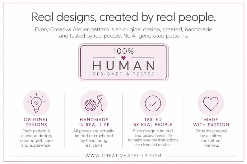 May include: A white informational graphic with purple text and icons. The header reads Real designs, created by real people. A central box states 100% HUMAN DESIGNED & TESTED. Four circular icons depict a lightbulb, yarn, checkmark, and heart.