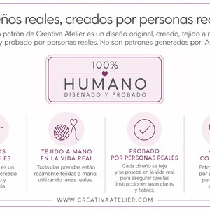 May include: A white informational graphic with purple text and icons. The header reads: Dise&ntilde;os reales, creados por personas reales. A central box states: 100% HUMANO DISE&Ntilde;ADO Y PROBADO. Four circular icons depict a lightbulb, yarn, checkmark, and heart.