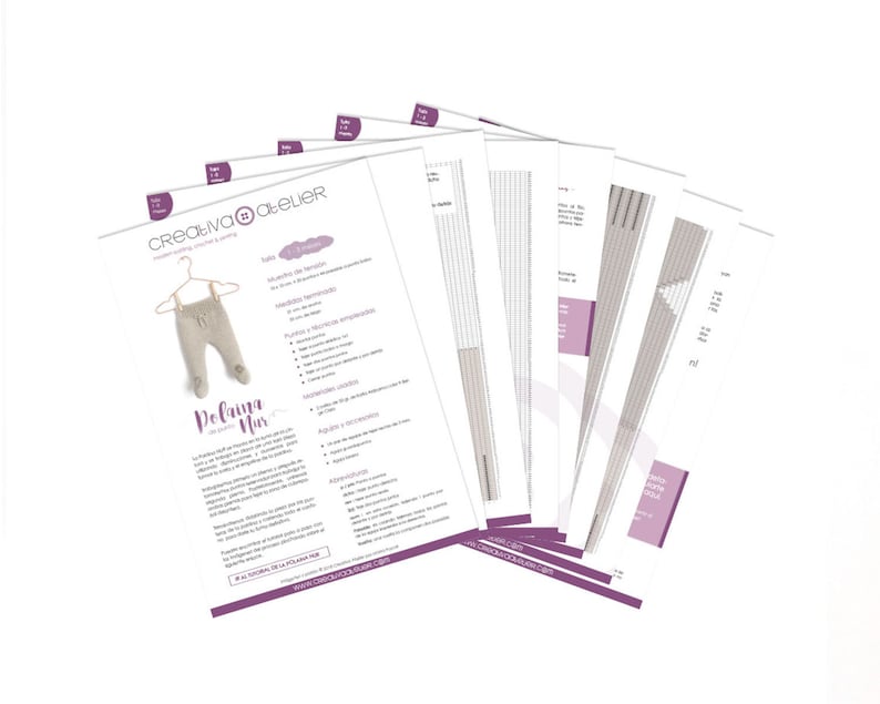 May include: A multi-page knitting pattern document titled Creativa Atelier Polaina Nur, featuring a beige knitted baby garment on a hanger, detailed text instructions, technical charts, and diagrams printed on white paper with purple accents.