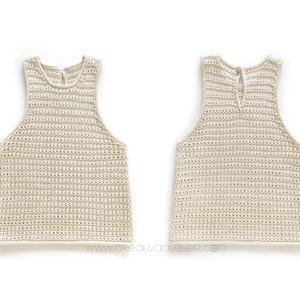 May include: A crocheted tank top in a cream color with a simple design. The tank top has a scoop neck and a wide, open back.