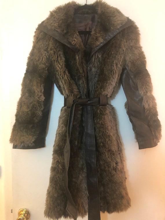 fur coat Vintage Coat with leather detail women's… - image 2