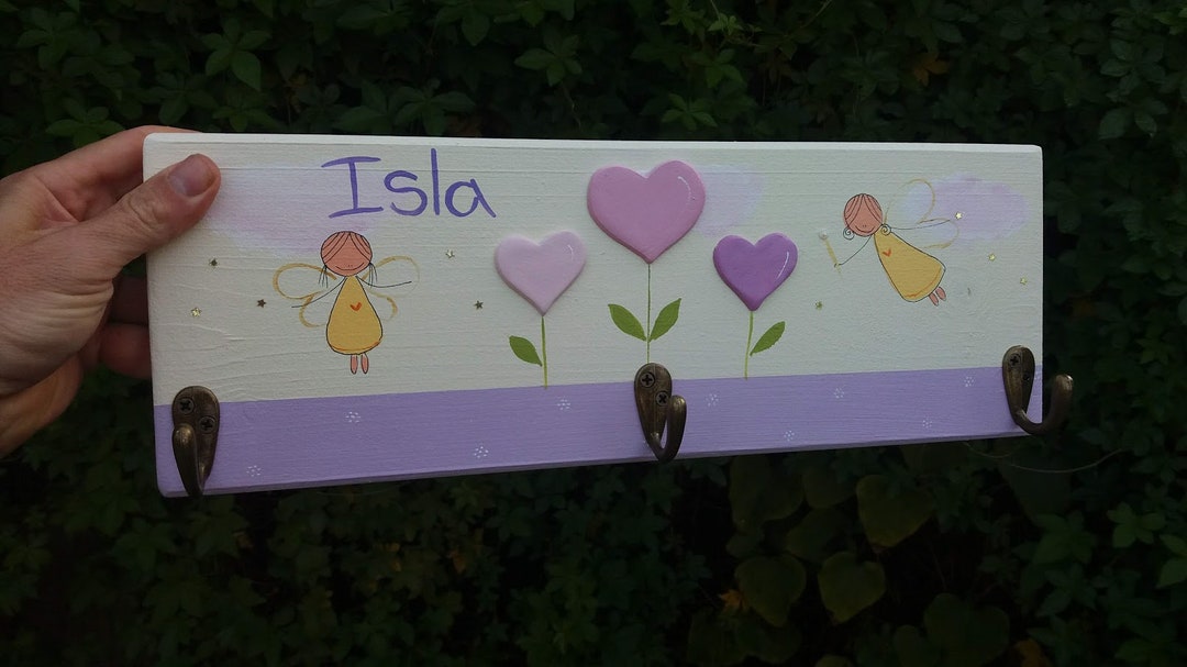 Personalized Purple Peg Rack, Kids Coat Hanger, Fairies and Harts GIRLS