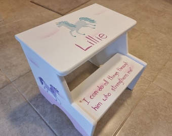 Unicorns decoration, Unicorn step stool, Girls Unicorn room design , Nursery unicorn decor, Pink and white step stool