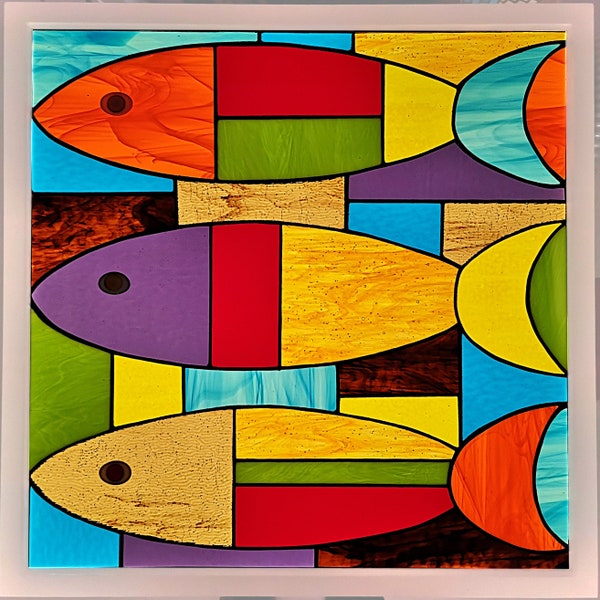 Tableau lumineux en vitrail Tiffany - Poissons multicolores - Style contemporain