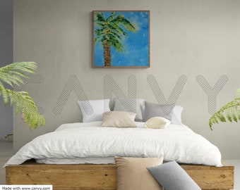 California Palm Tree Oil Painting, Abstract Seascape Art, 70x70cm