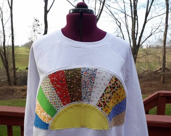 Ladies Size XXL White Sweatshirt with Vintage Dresden Fan Quilt Blocks Sunrise