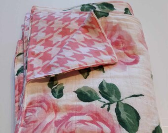 Baby Girl Cotton Gauze Pink Rose Swaddle Blanket with Flannel Houndstooth Lining