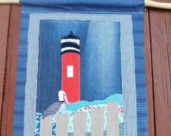 Lighthouse Wall Hanging Textile Art Ponce Inlet with Pelican Red Blue Nautical