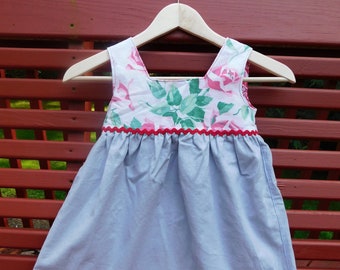 Linen Toddler Size 3T-4T Pinafore Gray Pink Rose Vintage Fabric Red Rickrack