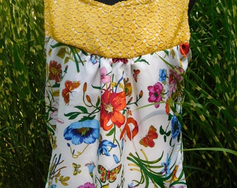 Ladies Size Large Sleeveless Blouse Yellow Lace Linen Vintage Floral Scarf