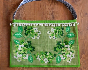 Vintage Green Floral Upcycled Large Linen Tote Bag Handbag Striped denim Handles Lined Hydrangeas