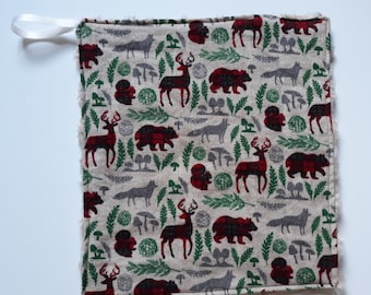 Baby Boy Tan Green Plaid Woodland Print and Super Soft Minky Baby Lovey with Pacifier Binky Holder