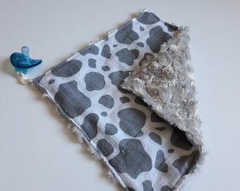 Gender Neutral Gray and White Cow Spots Print and Super Soft Minky Baby Lovey with Pacifier Binky Holder