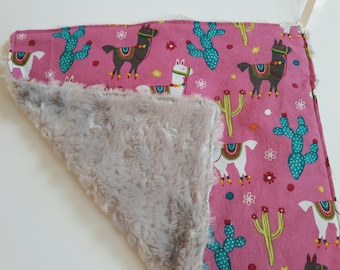 Baby Girl Pink Alpaca Llama Cotton with Super Soft Minky Baby Lovey with Pacifier Binky Holder
