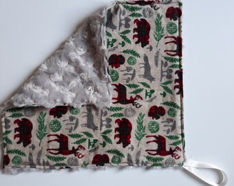 Baby Boy Tan Green Gray Plaid Woodland Print and Super Soft Minky Baby Lovey with Pacifier Binky Holder