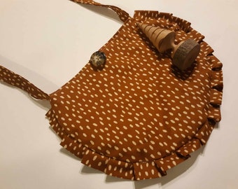 Medium Modern Ruffled Pleated Semi Circle Purse Handbag Rust with Polka Dots Lined with Button Closure