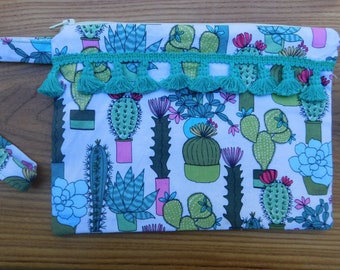 Cactus and Succulent Zippered Wristlet Purse with tassels