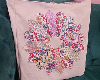 Large Vintage Dresden Plate Quilt Linen Market Bag Tote Bag Lined with gingham
