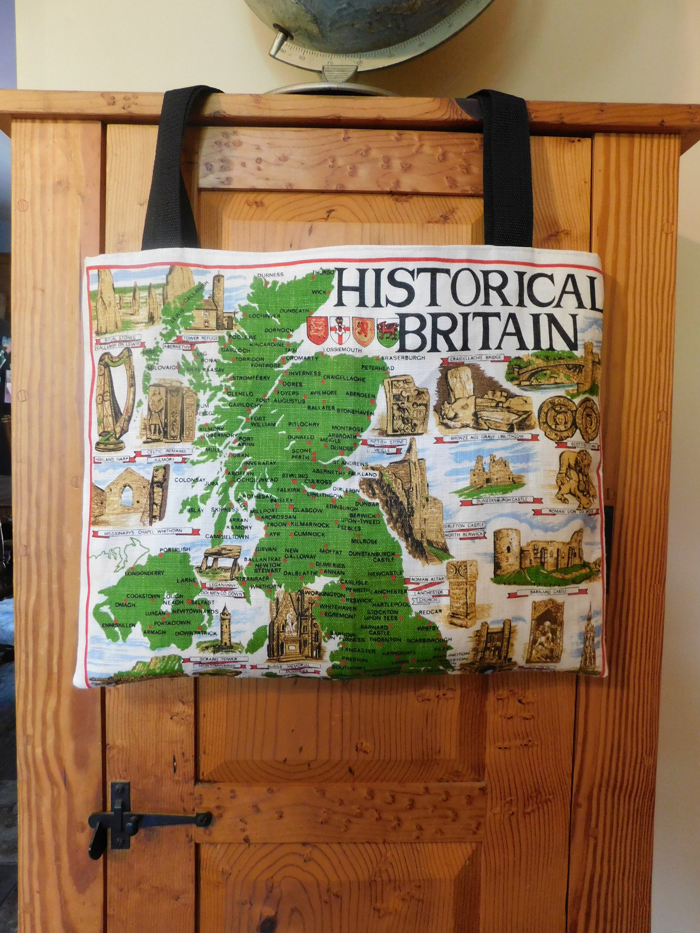 Historical Britain Tote Bag Market Bag UK made from Vintage Tea Towel Irish Linen Ulster