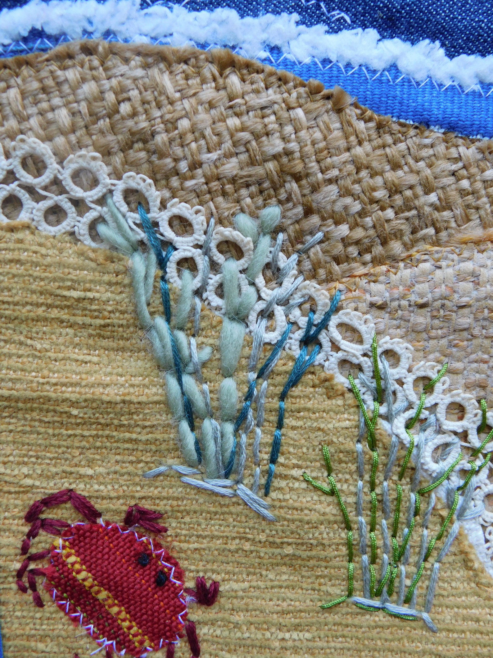 Textile Art Seascape Wall Hanging With Sailboat Crab Ocean Etsy