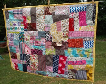 Small Crazy Quilt Newly Made with yellow polka dot backing 35" x 47"