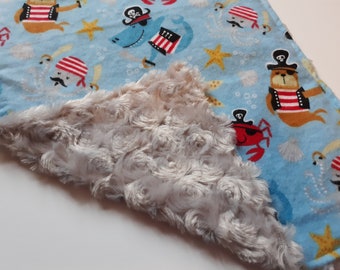 Baby Boy Blue Pirate Nautical Lovey with Pacifier Binky Holder and Minky Back