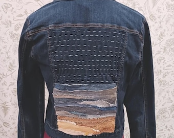 Upcycled Denim Jean Jacket with Quilted Beach Ocean Landscape Textile Art Women's Large