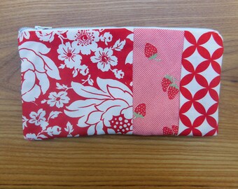 Red and white floral geometric strawberries lined zipper pouch pencils makeup bag