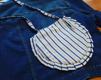 Medium Modern Ruffled Pleated Semi Circle Purse Handbag Blue White Stripes Lined with Button Closure