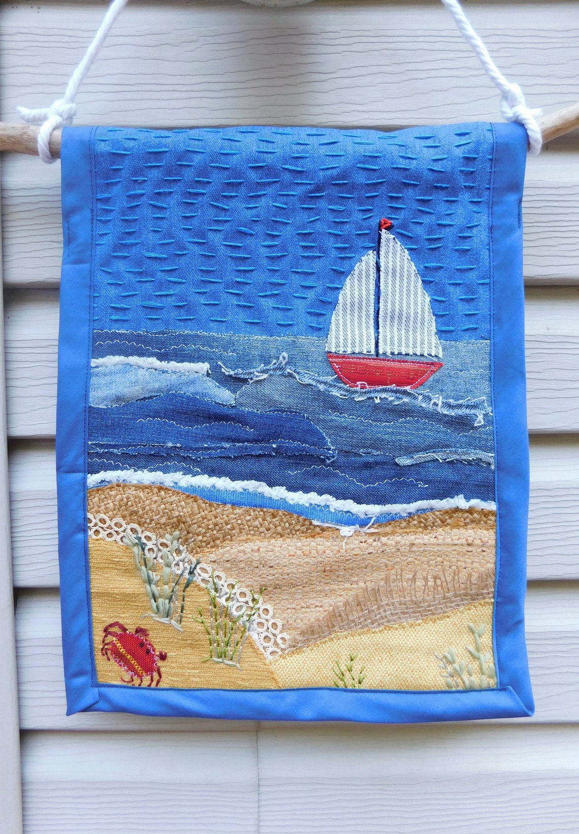 Textile Art Seascape Wall Hanging With Sailboat Crab Ocean Etsy