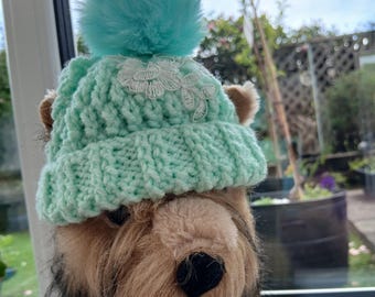 Hand Knitted Dog Hat with Ear Holes | Chunky Mint Green Puppy Beanie, Lace Flower Pom Pom