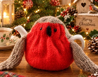 Robin Tea Cosy, Knitted Robin Teapot Cover, 2 Cup Teapot Cosy, Handmade Bird Tea Cozy, Christmas Tea Table, Bird Lover Gift