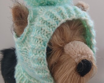 Hand Knit Dog Hat with Ear Holes, Mint Green Pom Pom Dog Snood, Fluffy Mohair and Premium Acrylic Dog Beanie, Small Dog Winter hat, Pet Gift