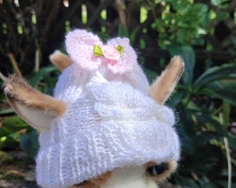 Hand Knitted cat hat, dog Hat XS | White Acrylic Puppy Bonnet with Pink Bow 10” Head