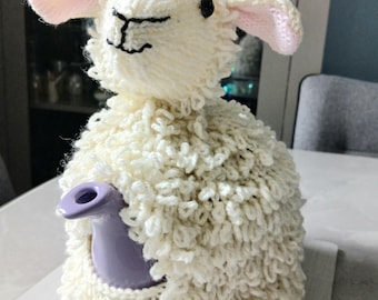 Hand Knitted Sheep Tea Cosy | Fluffy Lamb Teapot Cover, Farmhouse Kitchen Decor