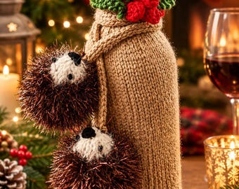 Hand-Knitted Hedgehog Wine Bottle Cover, Woodland Christmas Table Decoration (Acrylic Yarn)